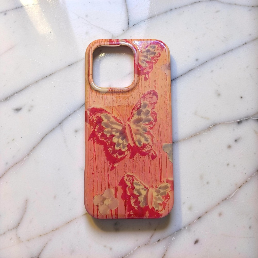 Butterfly Print iPhone 16 Pro Case Orange Pink Textured Wood Grain MagSafe Cover